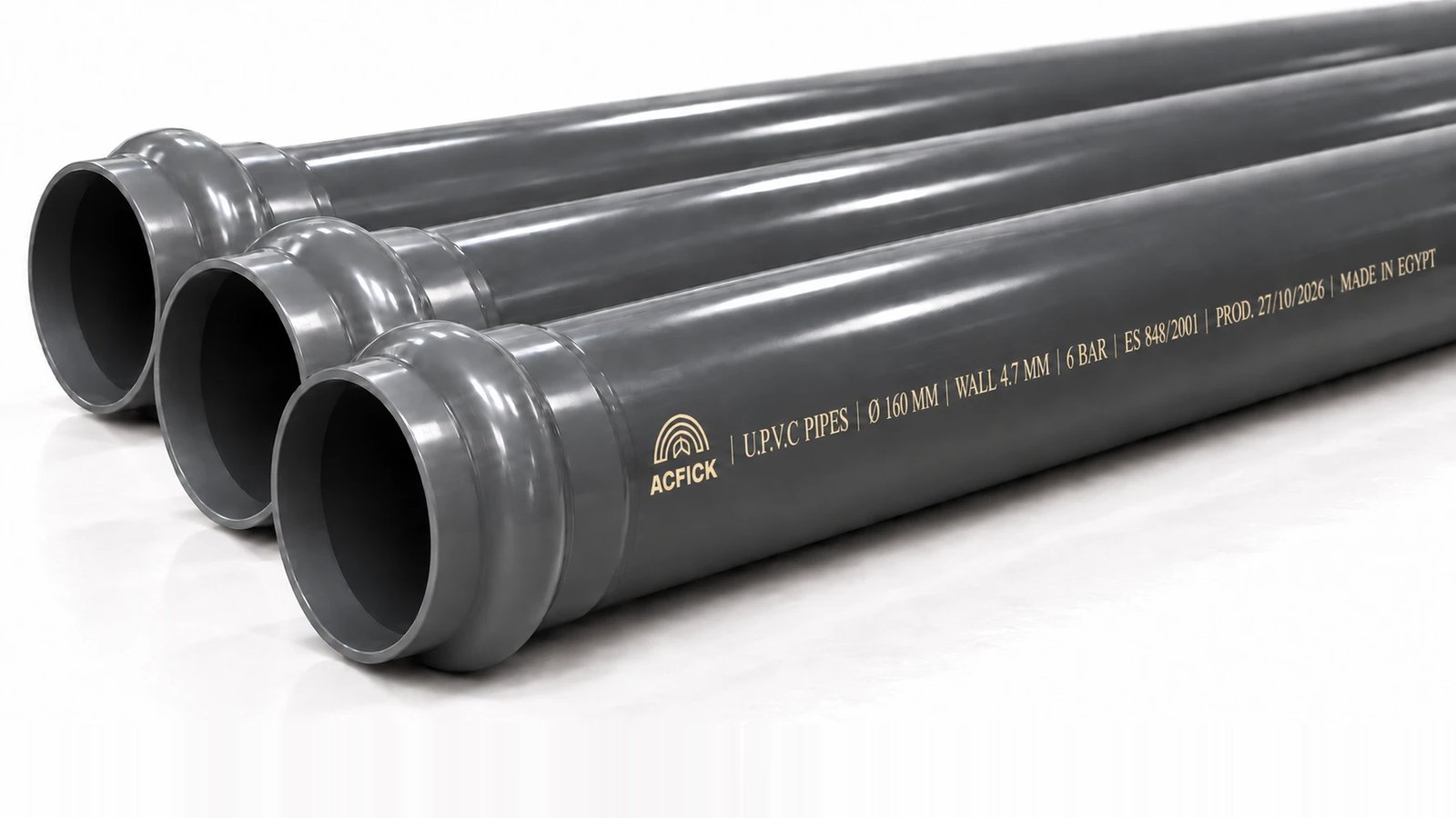 ACFICK UPVC pipes, 160 mm with socket ends, 4.7 mm wall, 6 bar, printed with the ACFICK mark and ES 848/2001